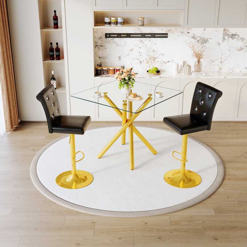 Table de bar moderne en verre et 2 tabourets de bar pivotants pour îlot de cuisine, bar personnel et petit espace, Noir / or