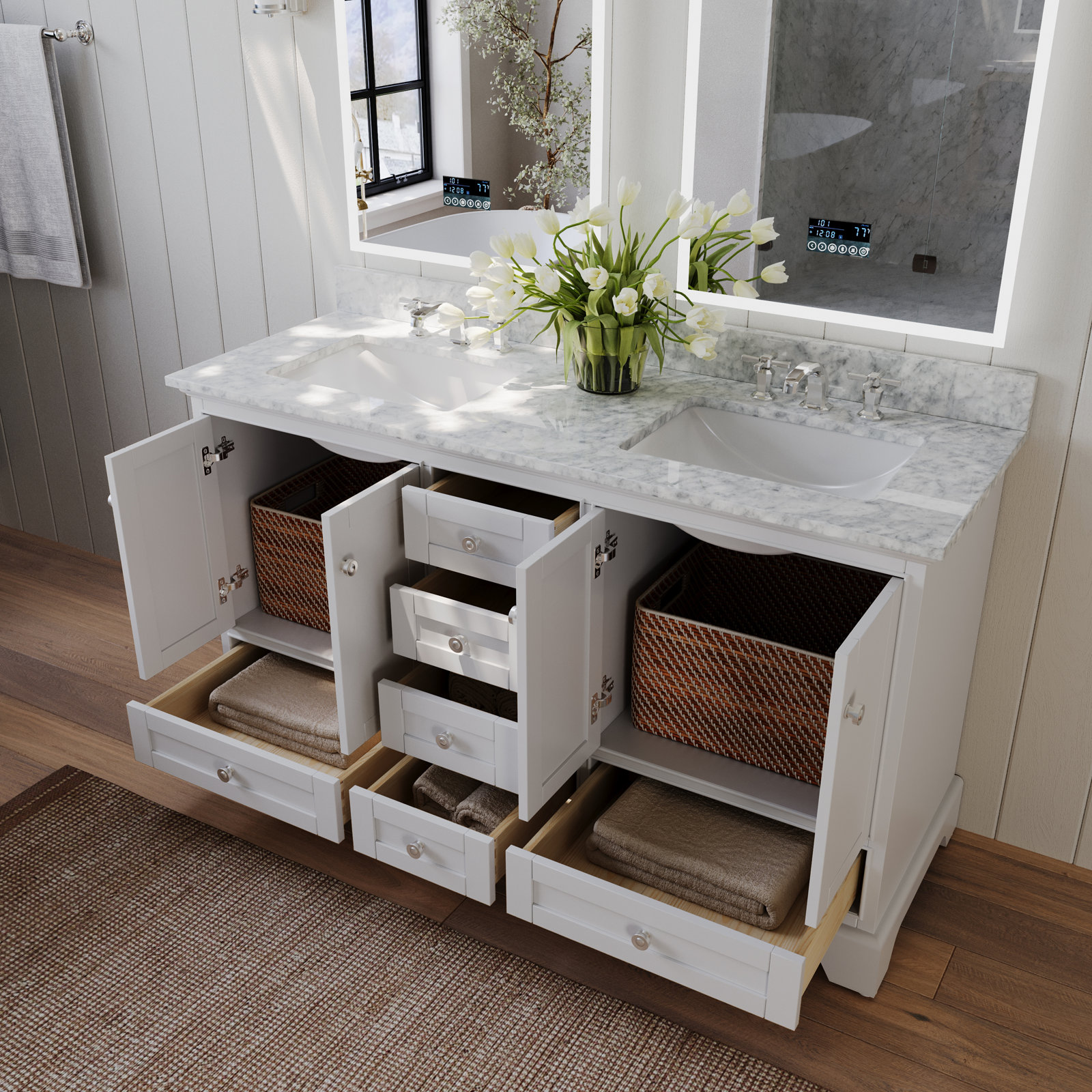 Varna 60'' Double Bathroom Vanity, White/Brushed Nickel, Carrara White Marble