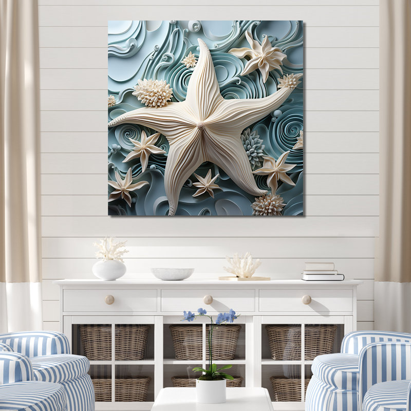Blanc et bleu, étoile de mer océanique, bijou - étoile de mer, art mural, H 30 po x l 30 po x P 1,5 po