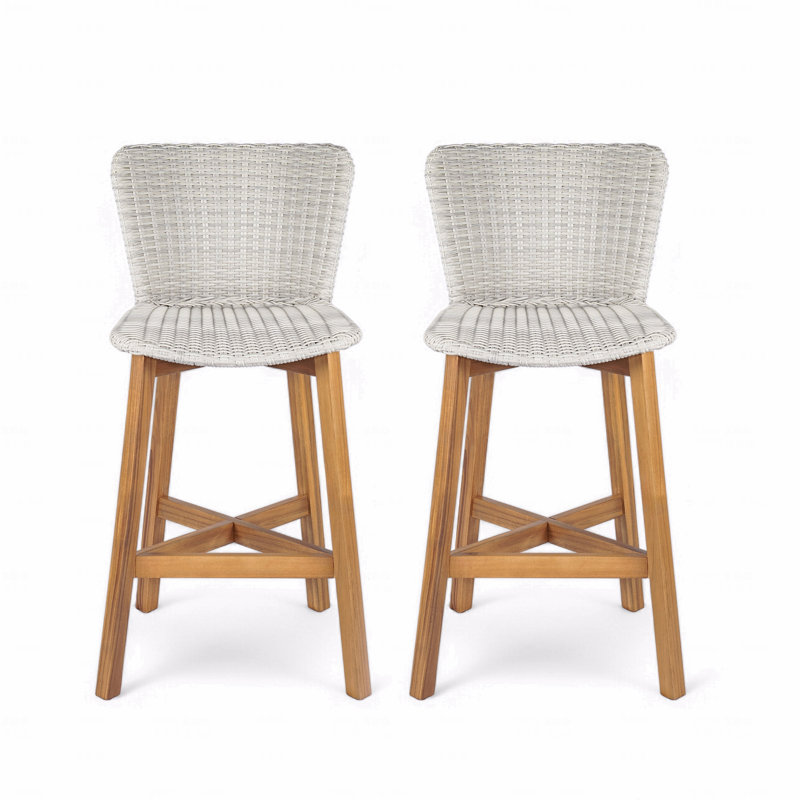 Set Of 2 Outdoor Patio Barstool, Teak Finished Wood With Light Grey PE Wicker, Light Gray