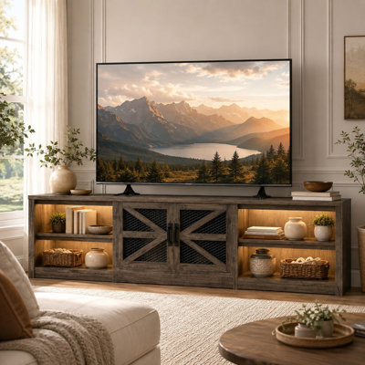 Meuble télé 78,7 po pour téléviseur de 90 po ou moins avec lumières DEL, portes grillagées en métal de style grange et tablettes de rangement réglables, gris chêne