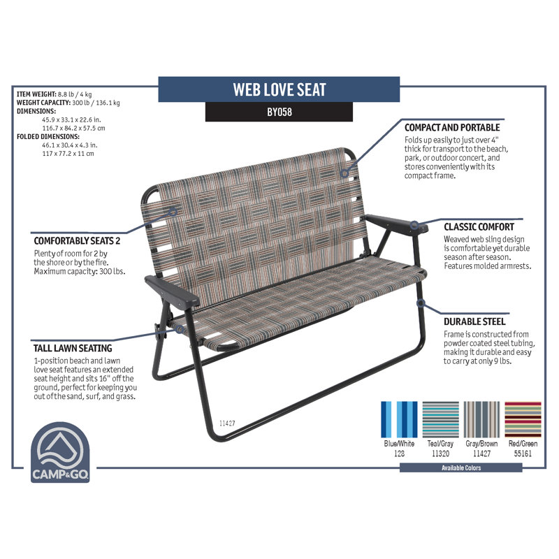 Lysha Camp & Go High Seat Outdoor Double Wide Loveseat Web Folding Chair, Grey, 45.94" W x 22.63" D x 33.14" H