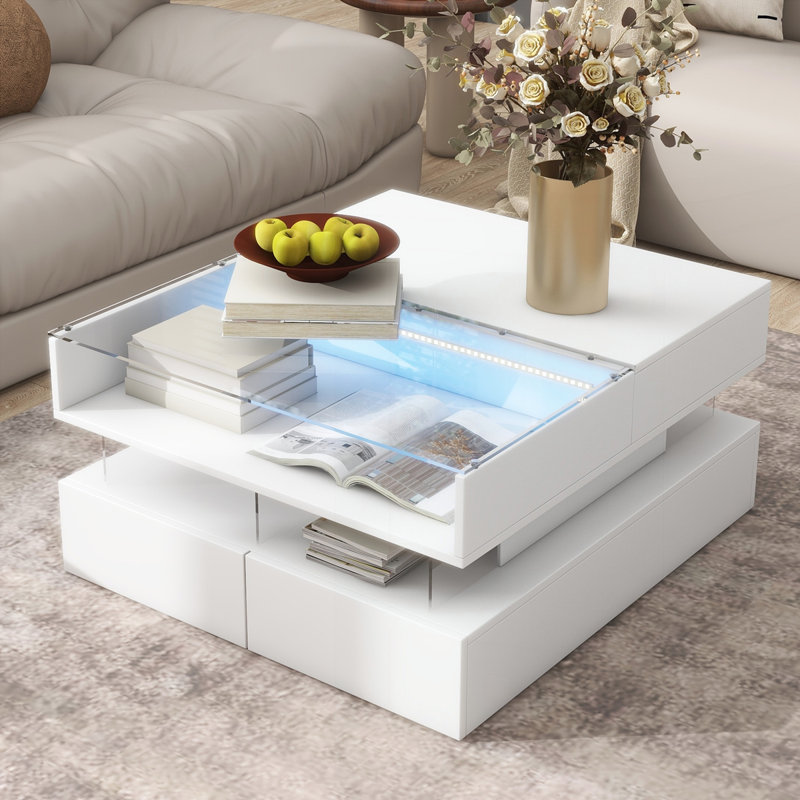 Table basse à plateau relevable avec 2 tiroirs, H 15,7 po x l 29,5 po x P 29,5 po, White