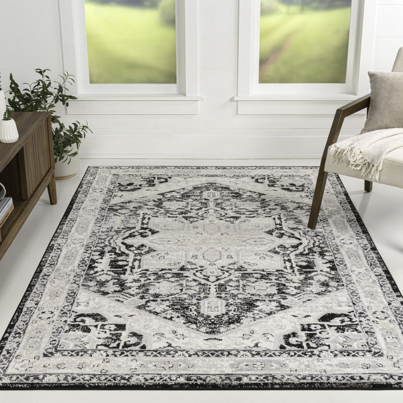 Lilith Vintage Medallion Black/Ivory Rug, Rectangle 7'9" x 10'