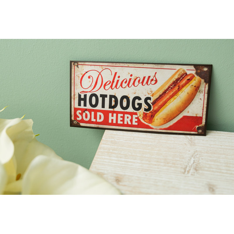 Delicious Hot Dogs Advertisement on Metal
