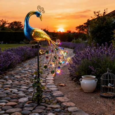 Piquet de jardin solaire en forme de paon, décoration extérieure en métal avec lumières DEL, hauteur de 43 po