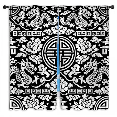 Black White Dragon Motif Window Curtains Dragon Sheer & Room Darkening - 2 Panels