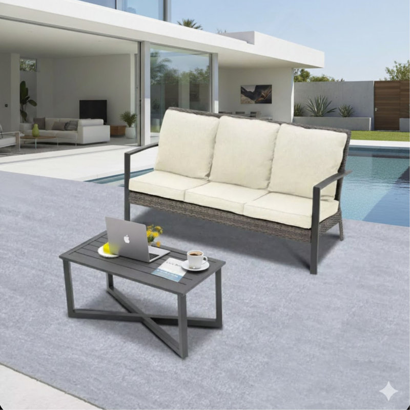 Ensemble de conversation de patio en osier 2 pièces avec coussins et table basse, Beige