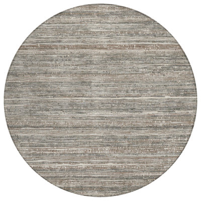 8' Beige And Gray Round Striped Washable Indoor Outdoor Area Rug