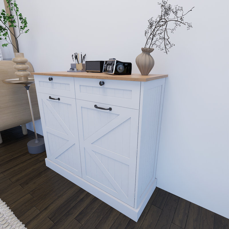 White Kitchen Trash Can Storage Cabinet With 2 Drawers And 1 Tilting Trash Cabinet And 1 Door With Storage Rack And 2 Shelves