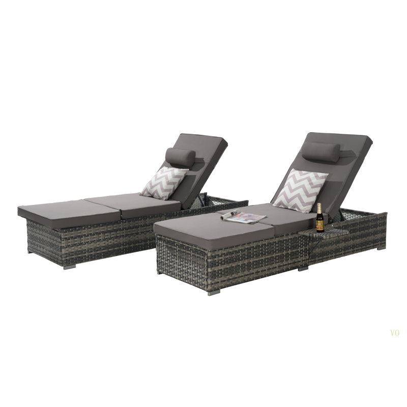Outdoor Chaise Lounge Chair Set Of 2 With Storage Patio Pool Chairs Tanning Lounges For Outside,Beach Rattan Recliners With Adjustable Backrest, Table, Cushion For Poolside Backyard Garden