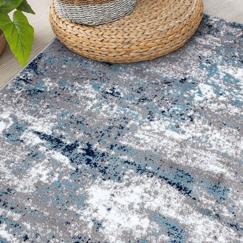 Willington Abstract Gray/Blue Rug, Rectangle 5' x 7'