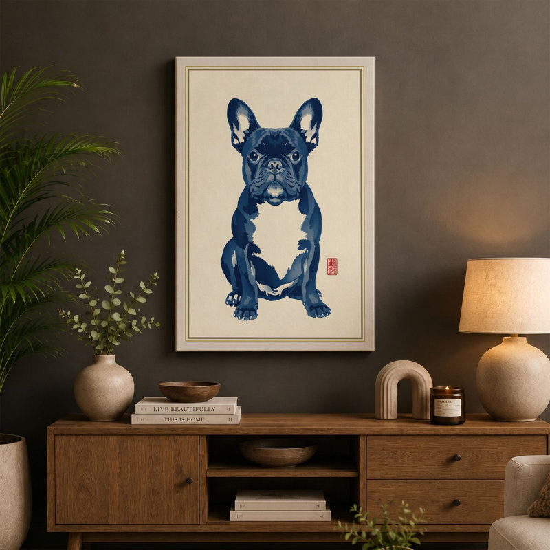 Symmetrical Bulldog Japandi - Wrapped Canvas, 36x24 - 91.4 x 61.0 cm, Taupe Border