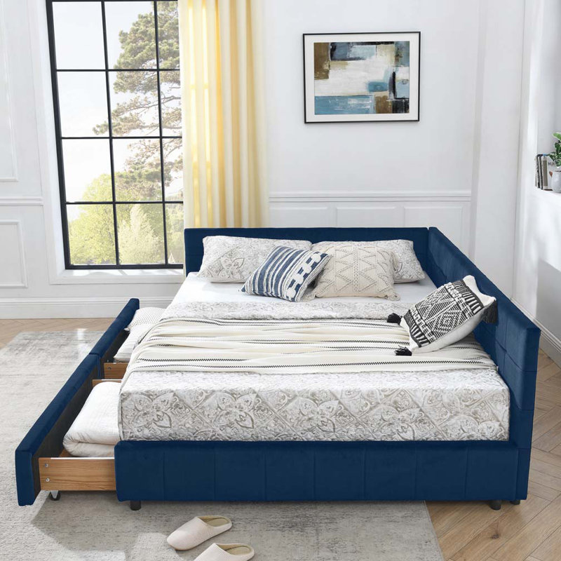 Lit de jour en velours avec rangement, Grand lit, Bleu