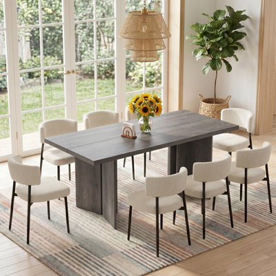 Ensemble de 9 tables de salle à manger rectangulaires, table de salle à manger avec 8 chaises rembourrées blanches, ensemble de salle à manger minimaliste moderne pour la cuisine