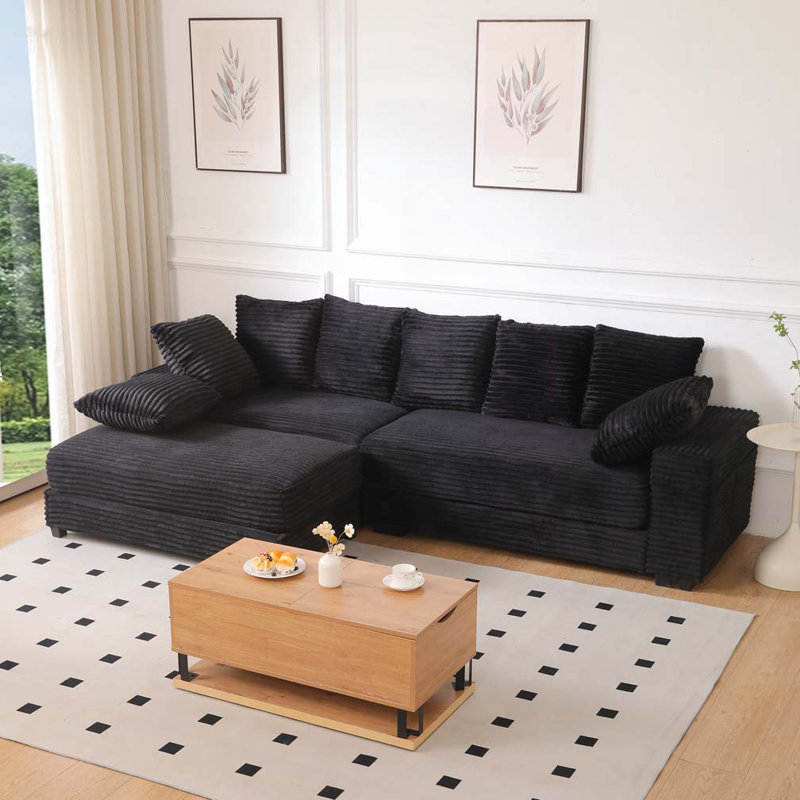 Canapé modulaire en velours côtelé 108,6 po avec repose-pieds, Noir