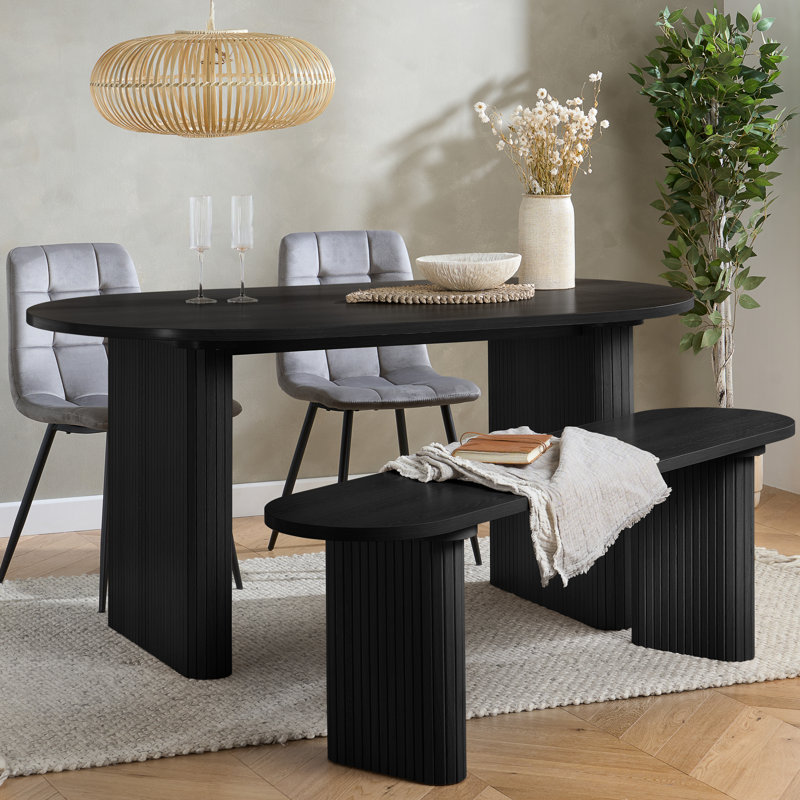 Axel Oval Fluted Dining Table With 2 Fabric Chairs 1 Bench, Gray/Black, Black, Black