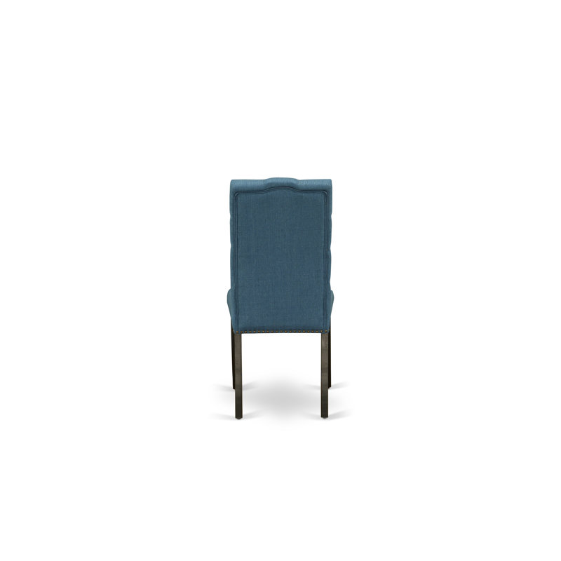 Elsa Parson Kitchen Chairs - Button Tufted Nailhead Trim Blue Linen Fabric Upholstered Dining Chairs, Set of 2, Black, Black