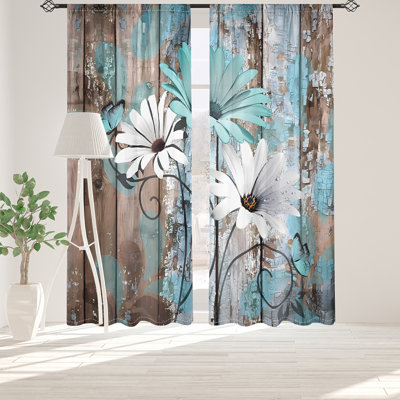 2Pcs Teal White Daisy Floral Print Curtains Blue Rustic Butterfly Design Window Drapes Rod Pocket Light Filtering Curtain Panels Vintage Wooden Background Digital Printing for Living Room Bedroom Kitchen Home Decor