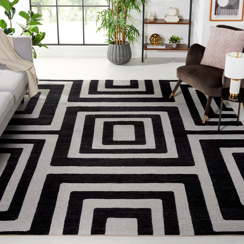 Santa Fe Silver/Black Area Rug, Rectangle 6' x 9'