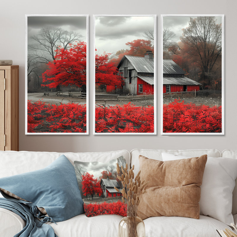 Rouge et gris Autumn Barn Refuge II - ensemble d'art mural de grange, Cadre flottant blanc, H 28 po x l 36 po