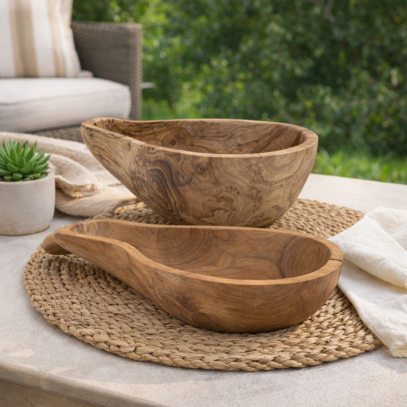 Ensemble de 2 bols décoratifs en forme de gourde en bois de teck brun naturel