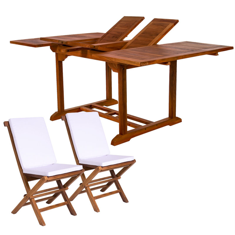  9-Piece Twin Butterfly Leaf Teak Extension Table Folding Chair Set with Blue Cushions, Blue, 23" H x 36" W x 75" D