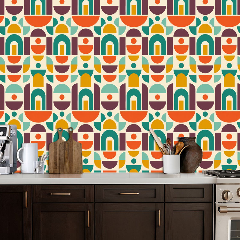 Papier peint adhésif peler et coller en PVC, revêtement mural auto-adhésif amovible avec imprimé géométrique moderne rétro Mid-Century, imperméable pour la décoration intérieure - Rouleau