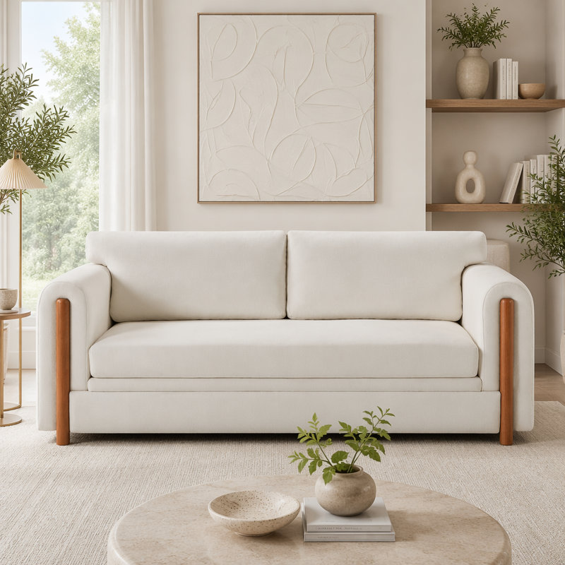 Canapé 3 places en chenille avec accoudoirs sculpturaux incurvés et accents de bois, Chenille beige