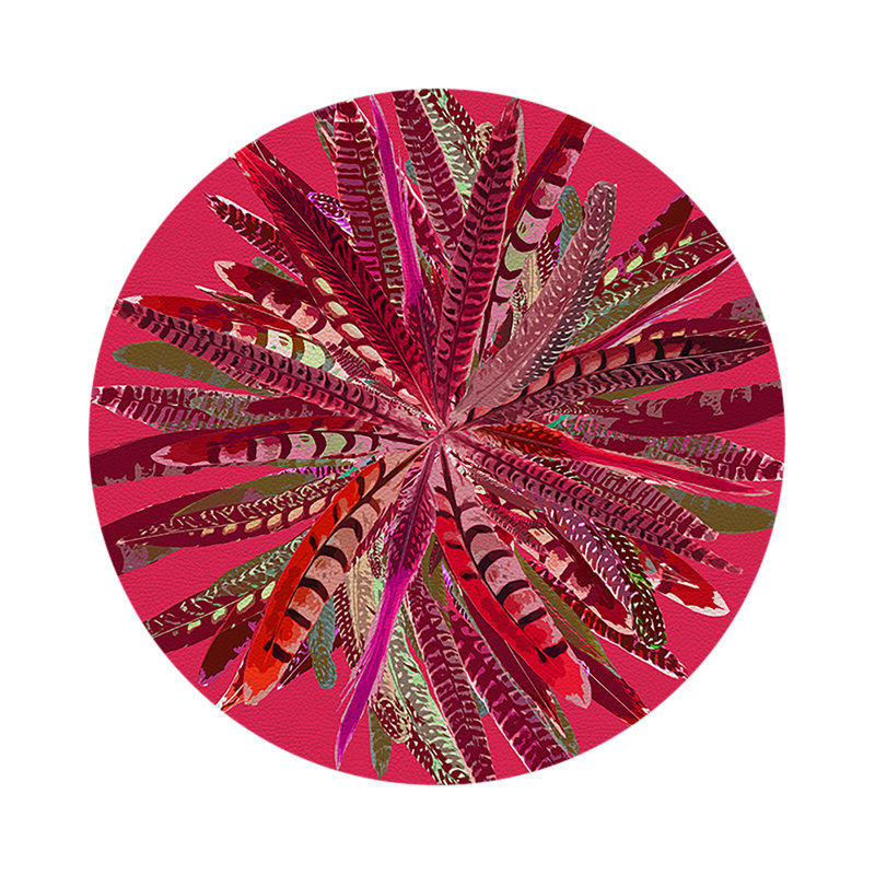 Pheasant Feathers Yellow Vegan Leather Round Coasters, Plum