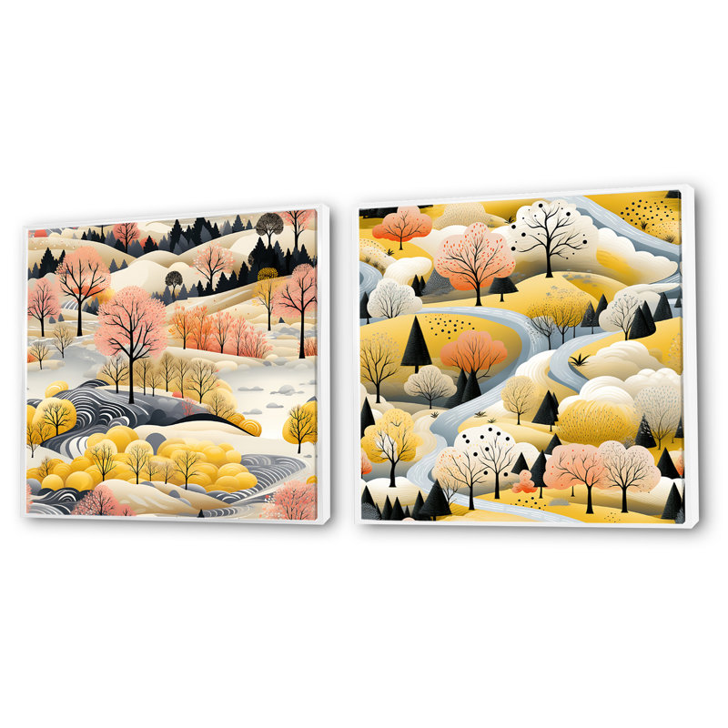 Autumn Scenery Scandinavian Pattern VI - Landscape Square Collage Set Of 2, White Floater Framed, 16" H x 33" W
