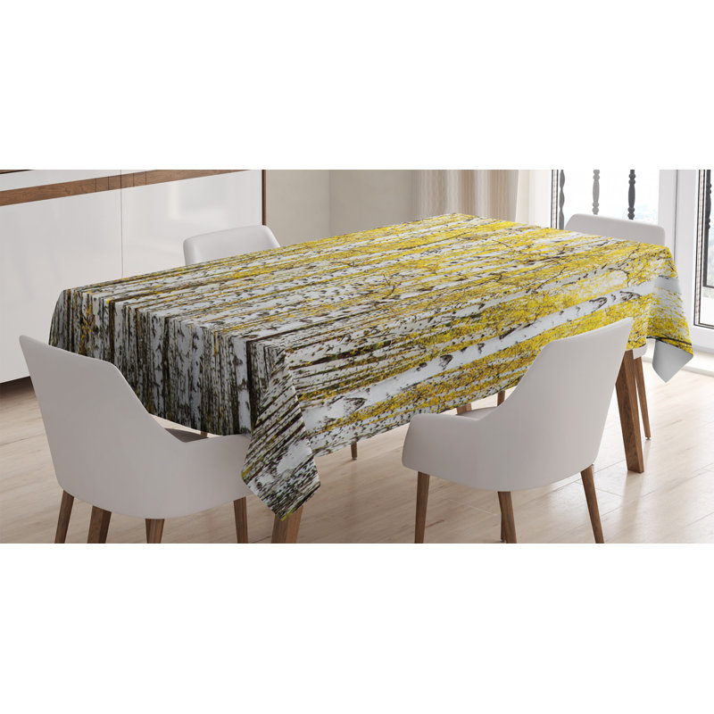Forest Tablecloth, Autumn Birch Forest Golden Yellow Leaves Woodland October Seasonal Nature Picture, Rectangular Table Cover For Dining Room Kitchen Decor, 52" X 70", Yellow Grey