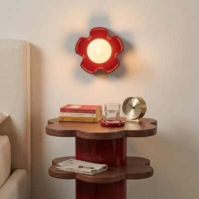 Red Flower-Shaped Ceramic Wall Sconce with Frosted Glass Globe Shade
