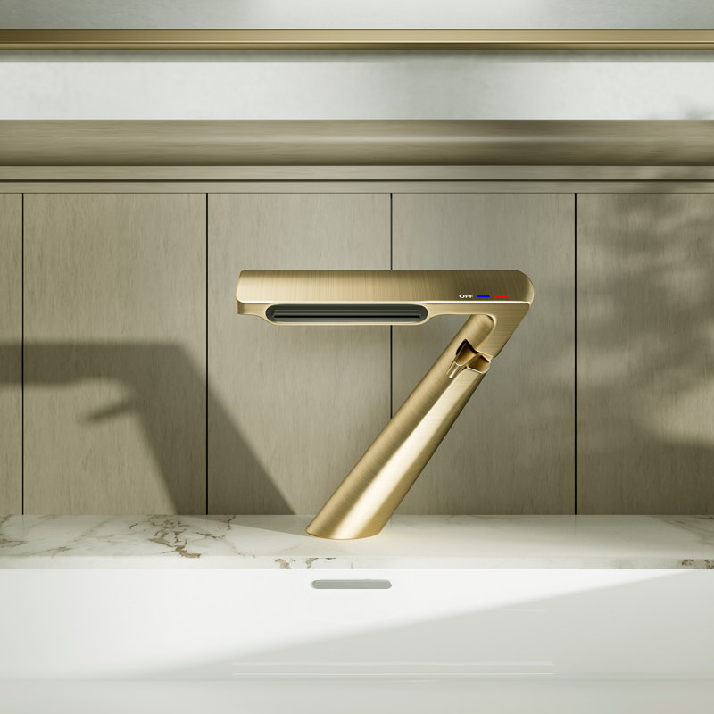 Single Hole Bathroom Sink Faucet Waterfall Bathroom Faucet with Adjustable Aerator, Brushed Gold, Drain Assembly Not Included