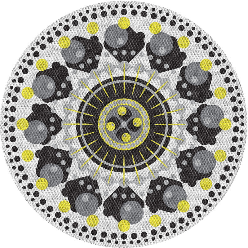 Laine tissée à la main et polyester noir/jaune/gris Tapis décoratif, Rond 7 pi