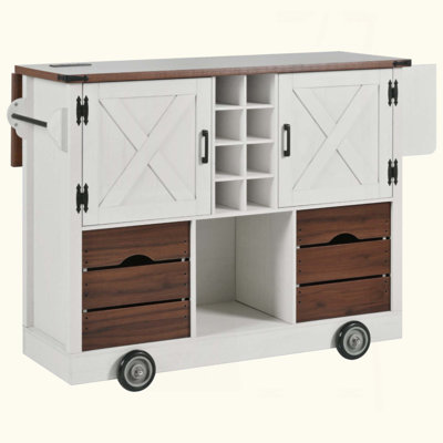 Farmhouse Kitchen Island With Drop Leaf, Power Outlet, Kitchen Storage Cart With 2 Doors, 2 Drawers, Rolling Kitchen Island On 4 Large Wheels With Spice Rack For Kitchen, Dining Room