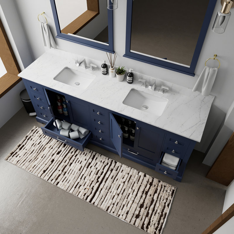 Double Bath Vanity with Carrara Marble Top, Navy Blue