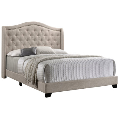 Full Wingback Bed In Copper Beige Color, Softly Padded With Fabric, High-Back Design And Side Panels, For Bedroom, Transitional Style, Box Spring Needed, 56.84 Inches High Bed, Wrapped Classic