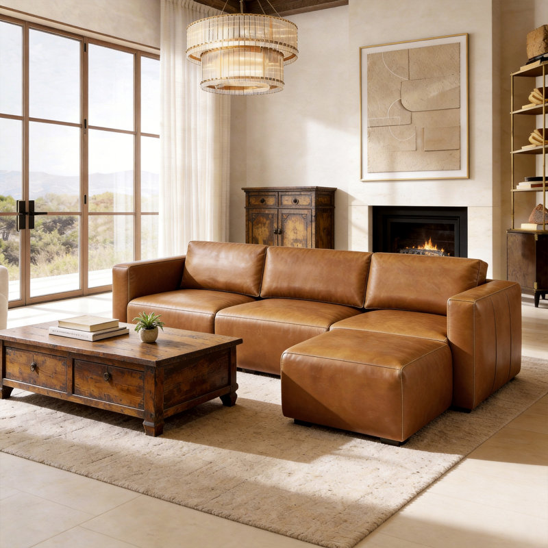Torkom 90.74'' W 3-seater Modern Modular Full Grain Leather Sofa And Ottoman Set, Brown