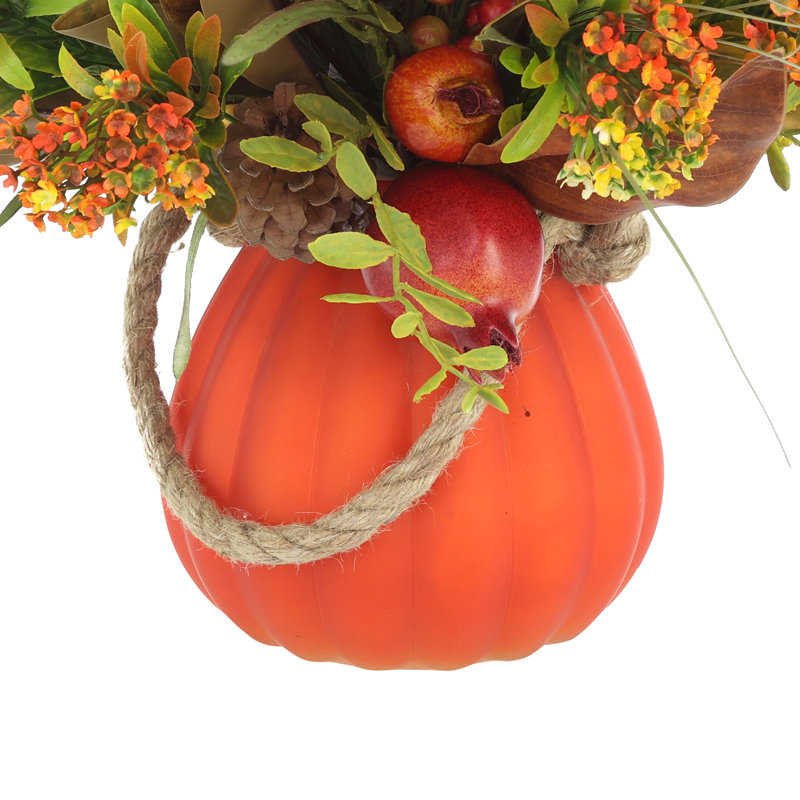 Pomegranate and Wheat Arrangement in Glass Pumpkin Vase