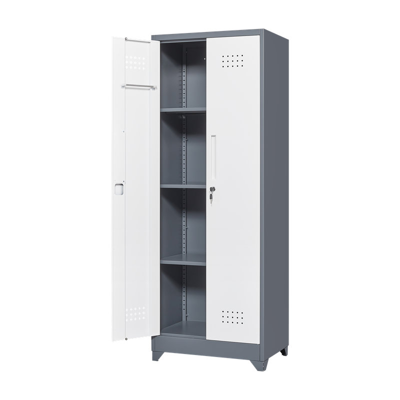 Broom Storage Cabinet With Locking Doors And Shelves, 65" H Metal Storage Cabinet With Hanging Rod & S-Hooks, Cleaning Tool Storage Cabinet Grey