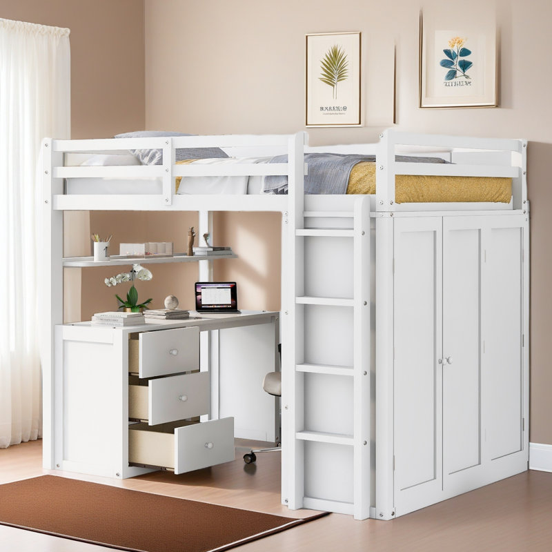 Lit mezzanine avec tiroirs, bureau et garde-robe, Lit double, Blanc
