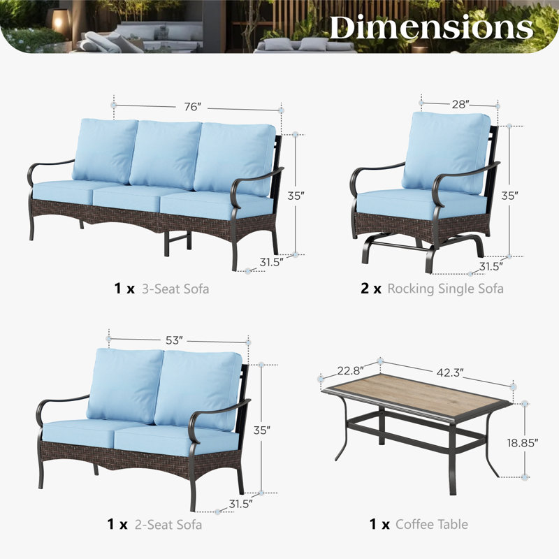 Ensemble de conversation d'extérieur à bascule 9 personnes avec causeuse et chaises berçantes Salem, Non, Bleu