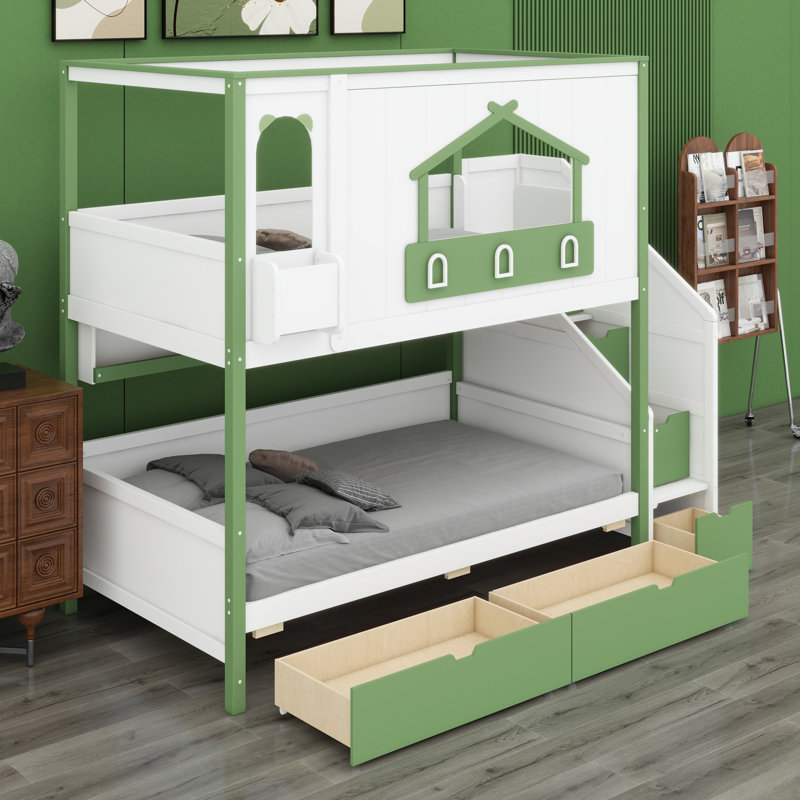 Lit superposé avec conception de cabane et rangement sous l'escalier pour des chambres ludiques, Twin over Twin, White+Green