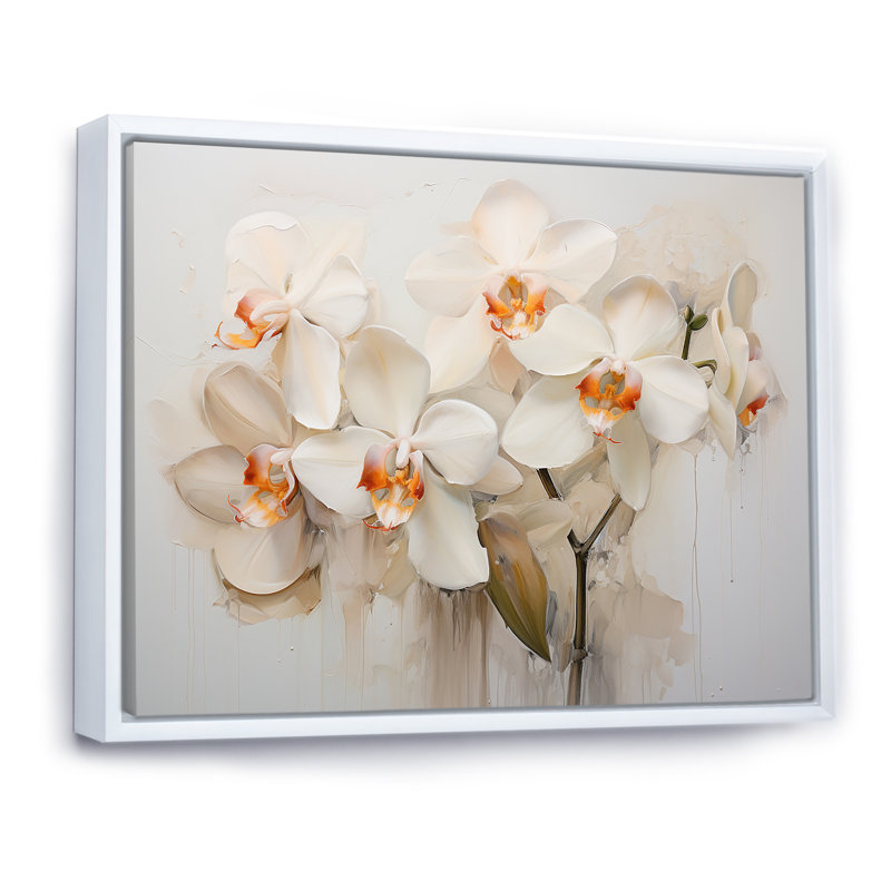 Orchidées beiges tranquillité II sur toile, Cadre flottant blanc, H 24 po x l 32 po x P 1 po