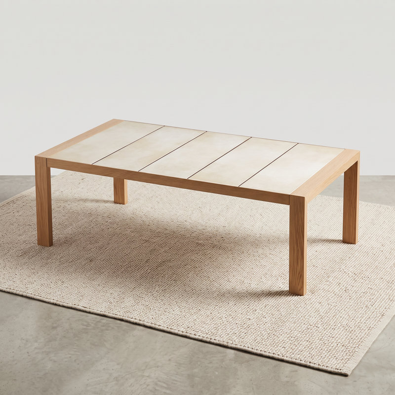 Table basse d'extérieur en aluminium avec finition grain de bois et plateau en céramique