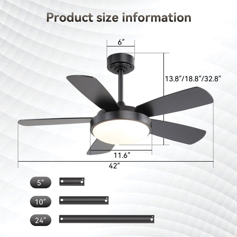 Ventilateur de plafond de 42 pouces avec 22W de lumière à DEL et moteur à courant continu réversible, Noir