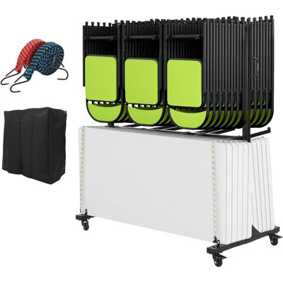 Heavy Duty Folding Chair Cart with Cover, 84-Chair Capacity, Adjustable Height & Locking Wheels, Black Metal Storage Rack