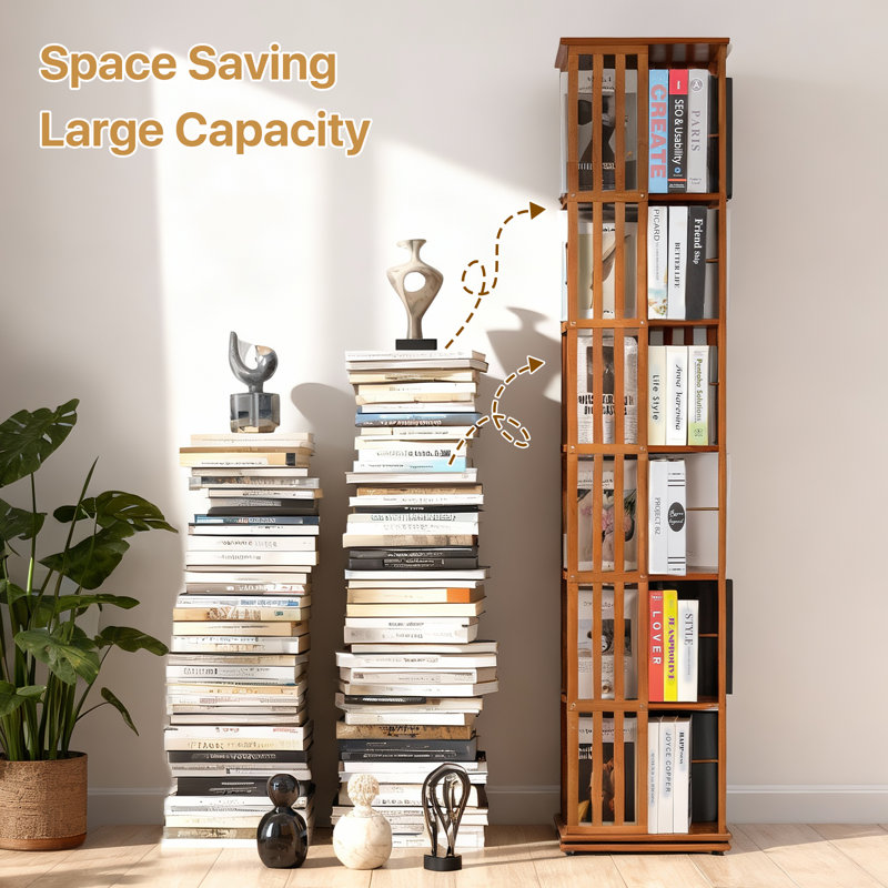 70.5" H x 14.6" W 6-Tier Bamboo Rotating Bookshelf, 360° Revolving Bookcase Corner Freestanding Storage Organizer, Brown