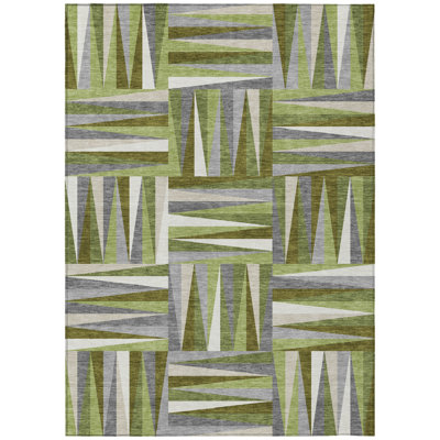 3' X 5' Green Gray And Ivory Geometric Washable Indoor Outdoor Area Rug